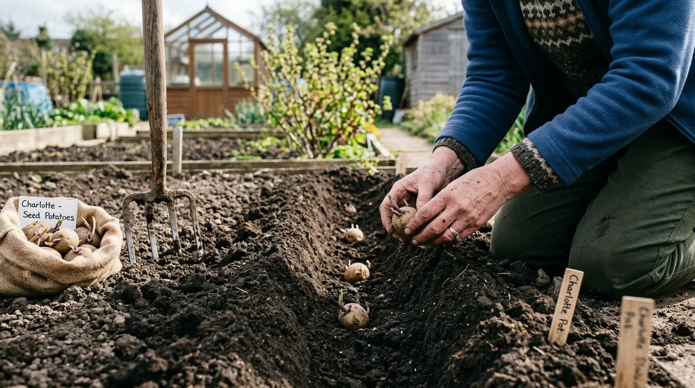 Seed potatoes being planted into a prepared trench in dark soil on an allotment in early spring