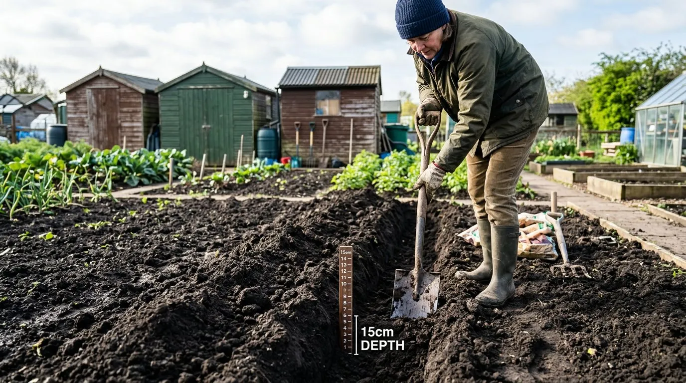 Garden spade digging a planting trench for potatoes in dark allotment soil
