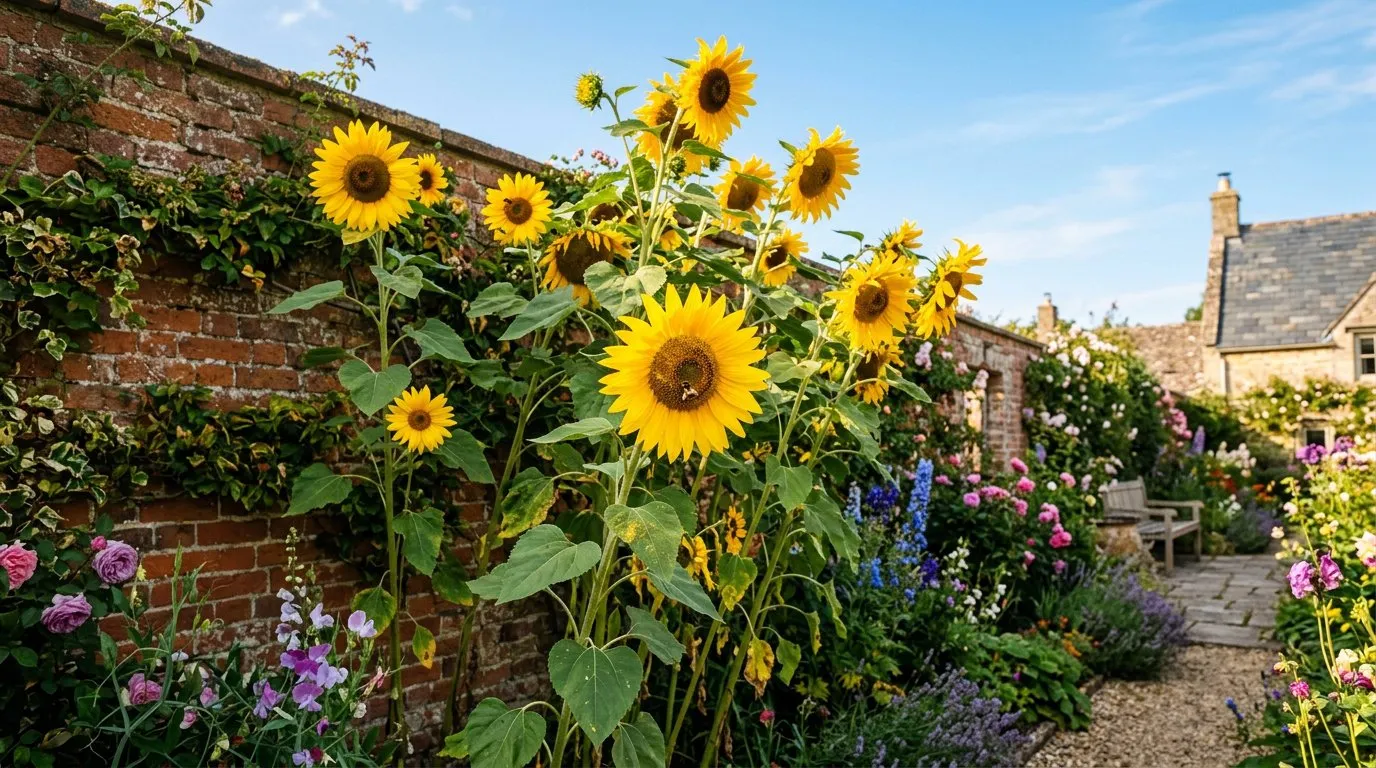 Tall sunflowers growing against a sunny garden wall in a UK garden in late summer
