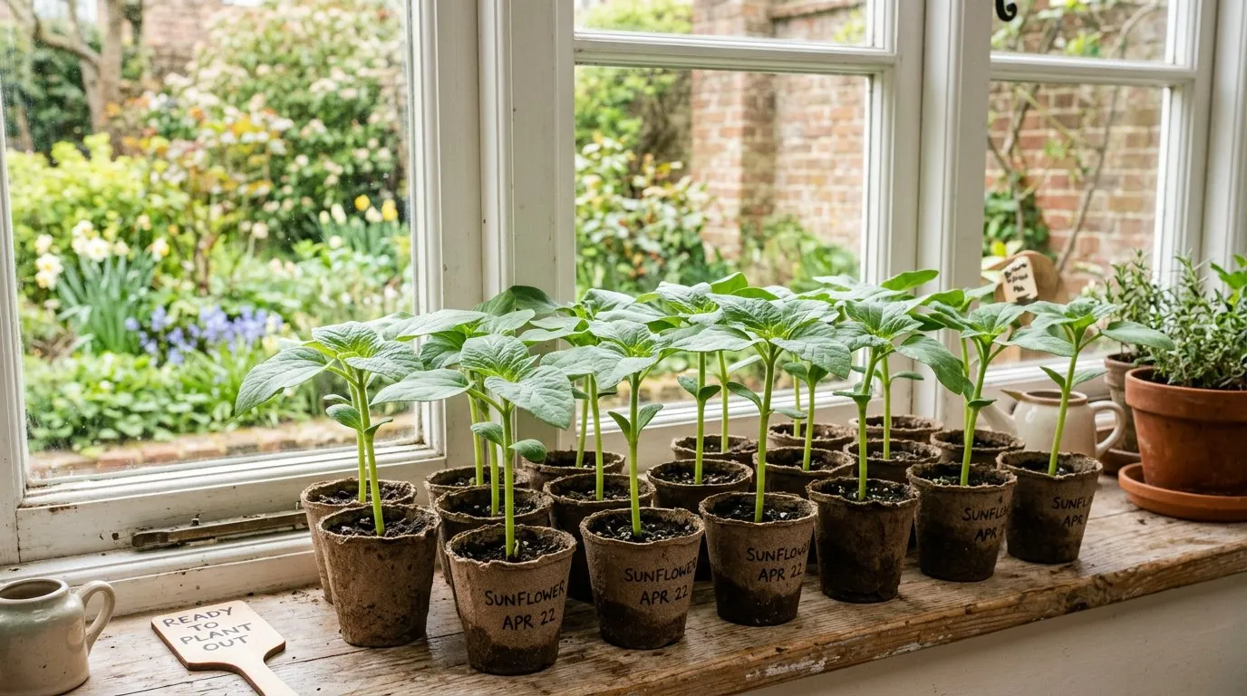Young sunflower seedlings in biodegradable pots on a bright windowsill