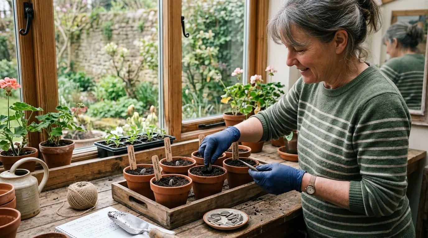 Large sunflower seeds being pushed into pots of compost on a potting bench