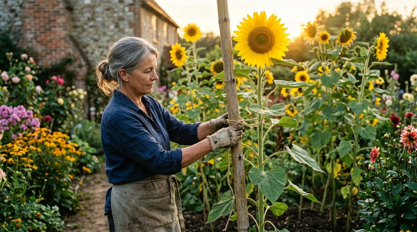 Tall sunflower tied to a bamboo cane with soft garden twine in a cottage garden