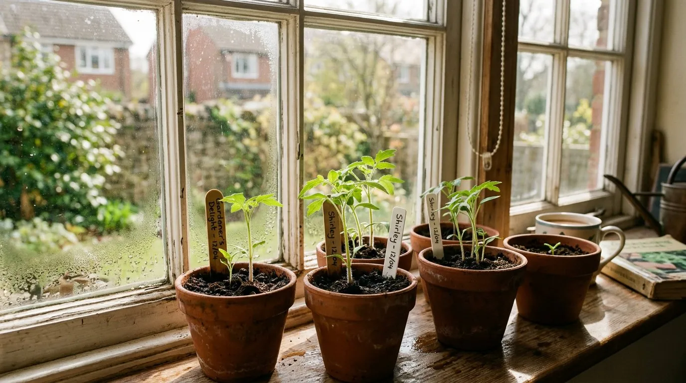 Young tomato seedlings in pots on a sunny windowsill ready for planting out in a UK garden