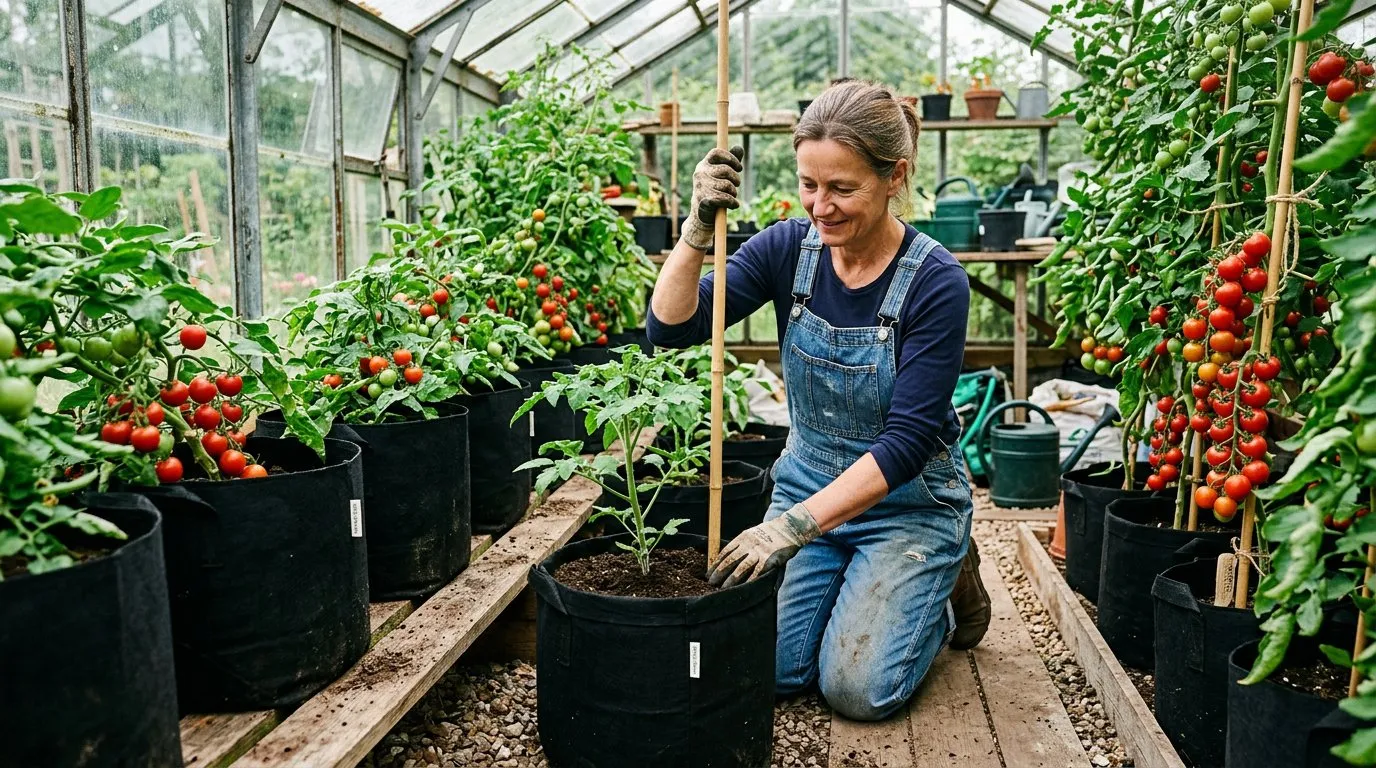 Gardener planting a tomato plant into a grow bag inside a greenhouse