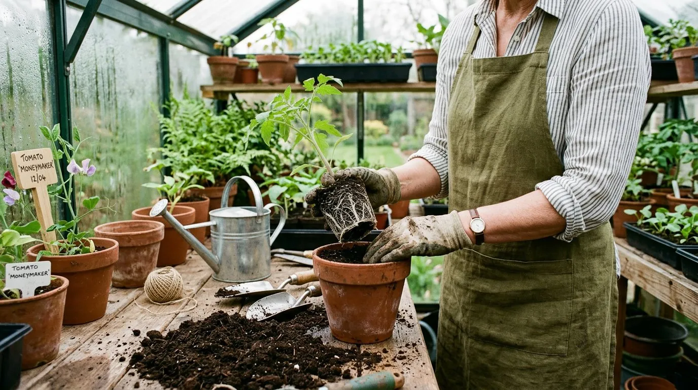 Tomato seedling being potted on into a larger pot with visible root ball