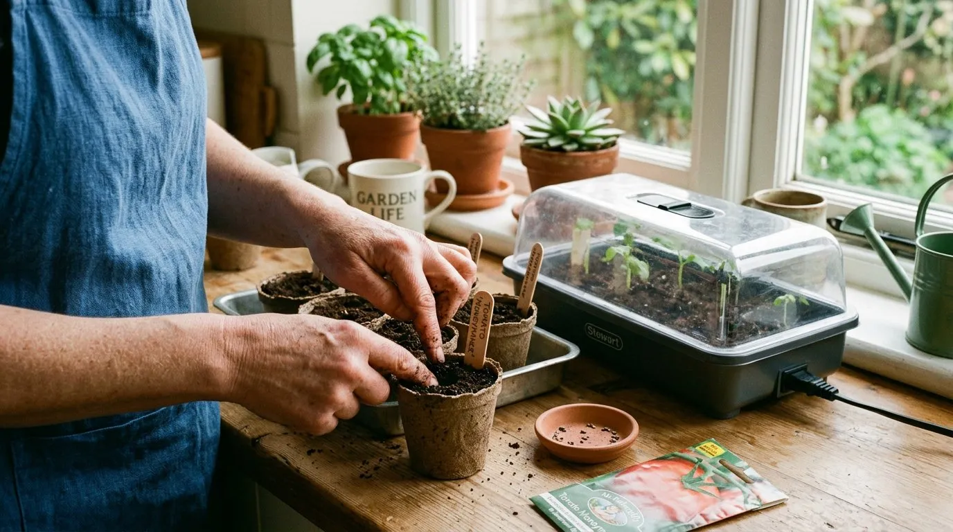 Tomato seeds being sown into small pots of seed compost on a windowsill