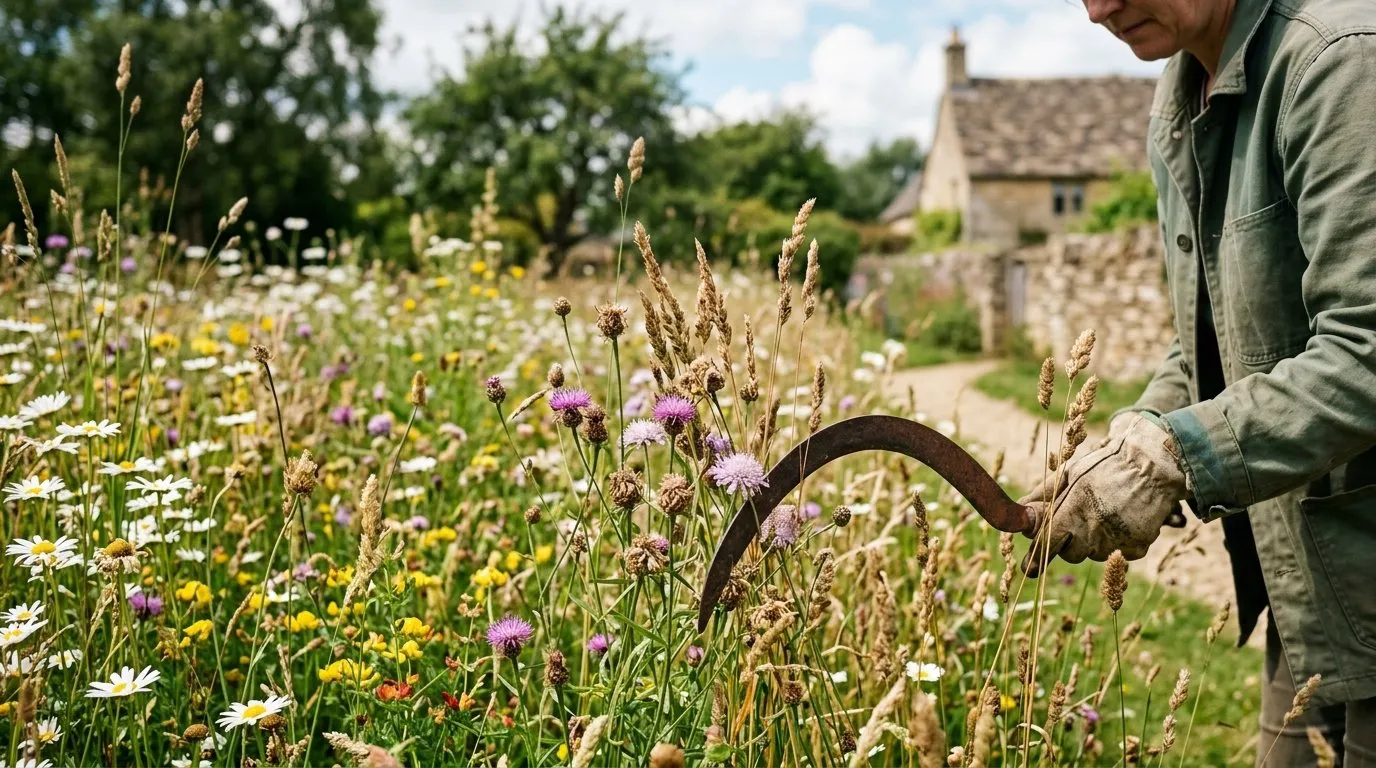 UK garden scene showing when to cut wildflower meadow in seasonal context