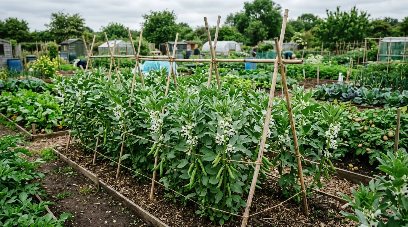 Rows of young broad bean plants growing in a UK allotment with emerging green shoots in spring