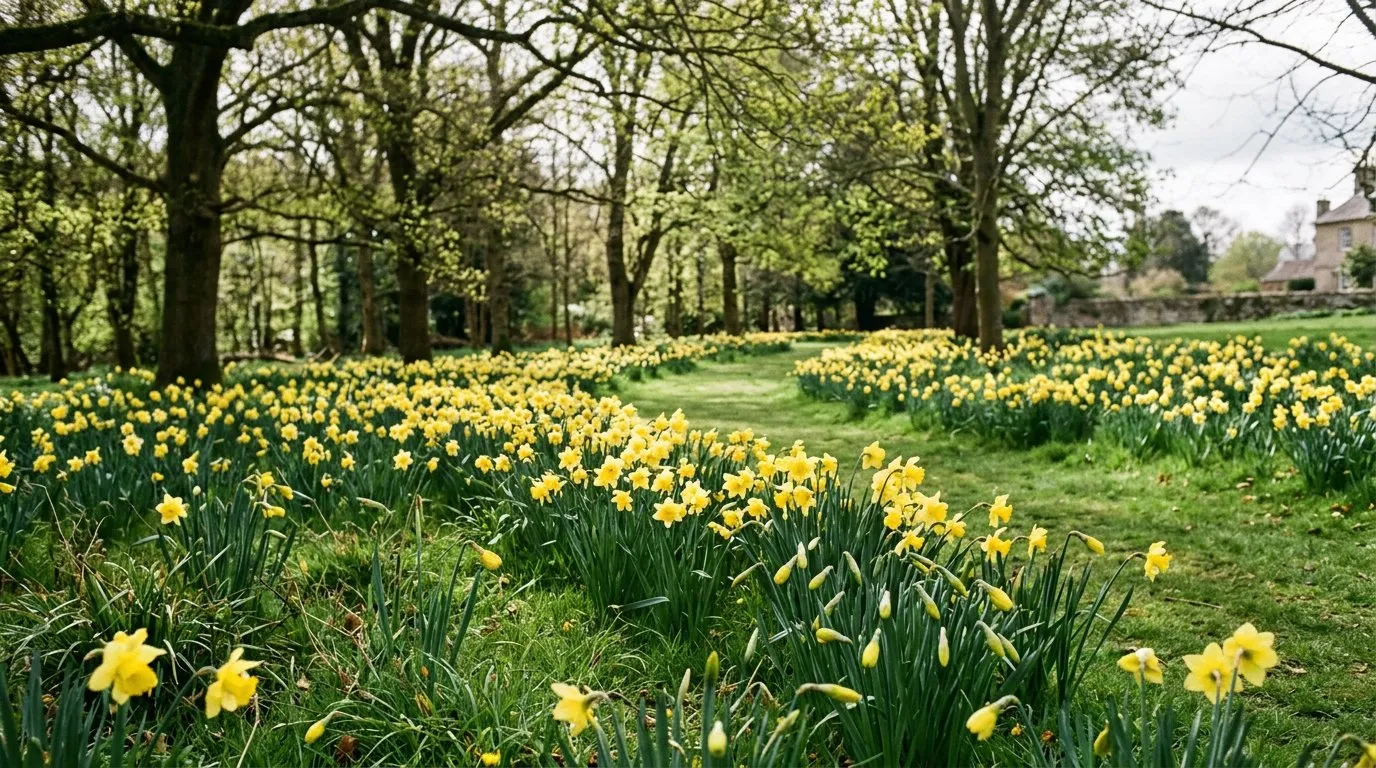 Golden daffodils blooming in drifts across an English lawn beneath mature trees