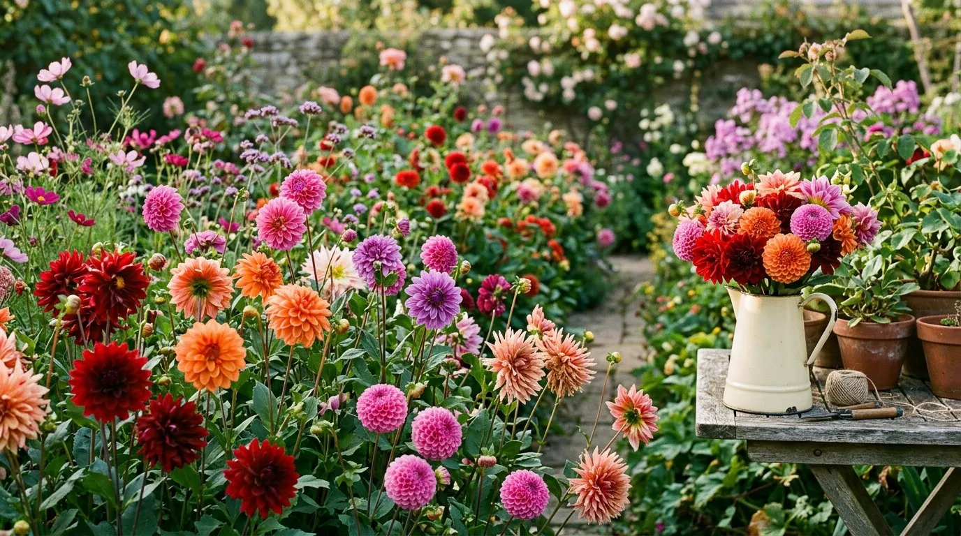 Colourful dahlia blooms in a cutting garden with decorative cactus and pompon varieties