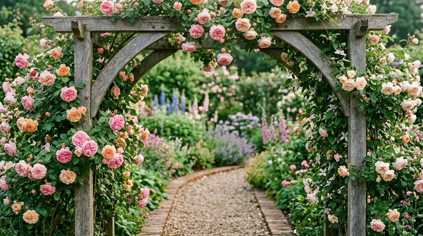 English garden roses in pink apricot and cream climbing over a rustic wooden arch