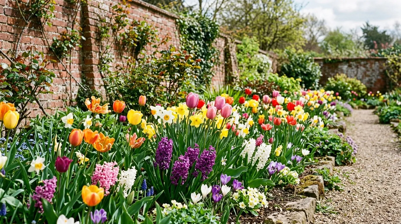 Mixed spring bulbs including daffodils and tulips laid out ready for planting in a UK garden border