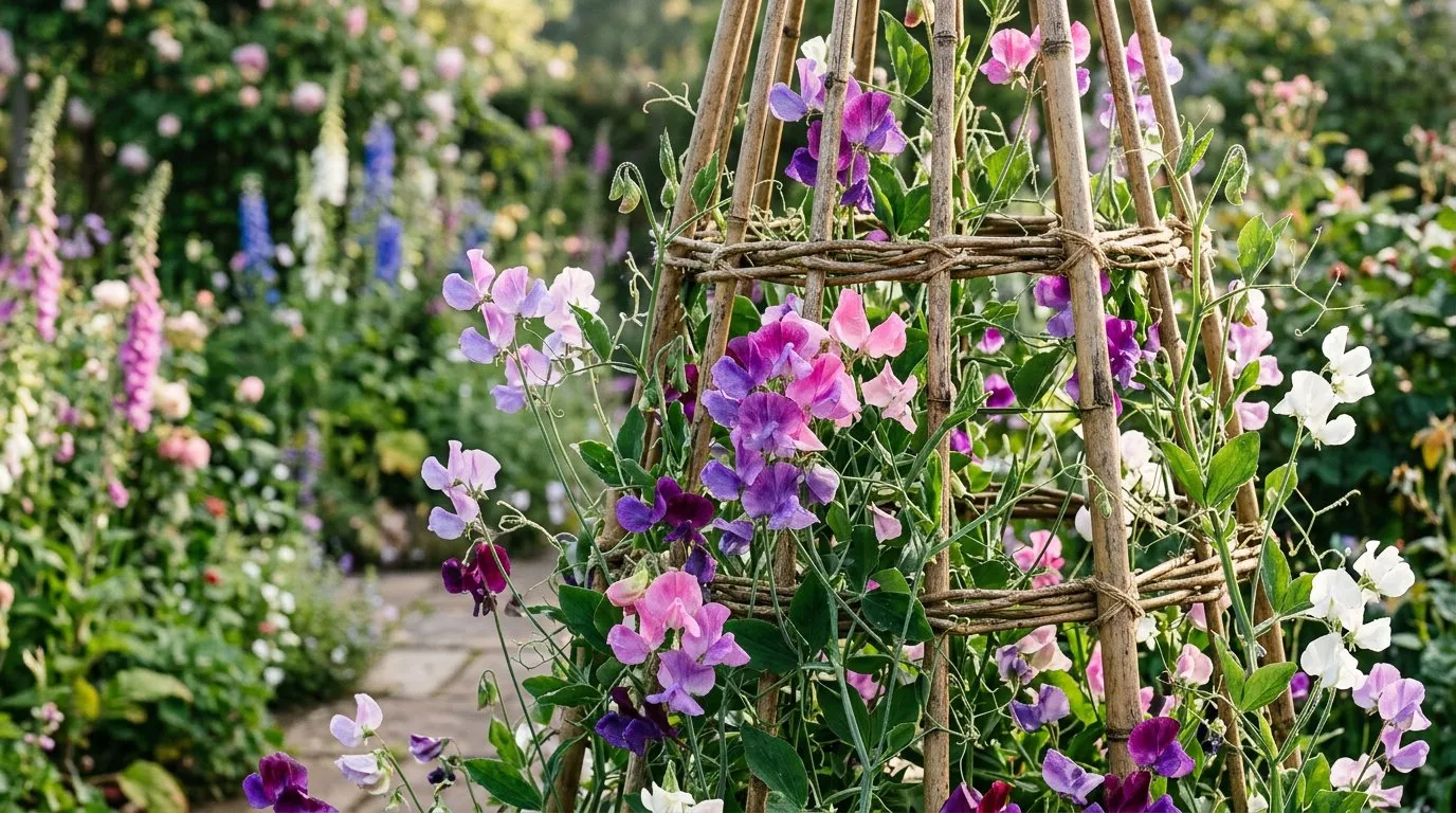 Purple and pink sweet pea flowers climbing bamboo canes in an English cottage garden