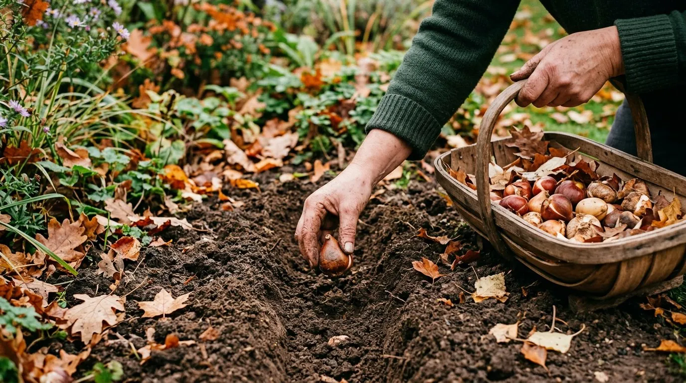 Tulip bulbs being planted in autumn garden soil with a trug basket of mixed varieties
