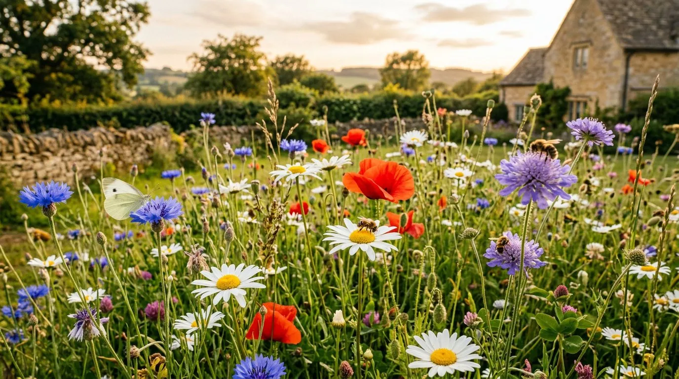 UK wildflower meadow with ox-eye daisies cornflowers and poppies in summer bloom