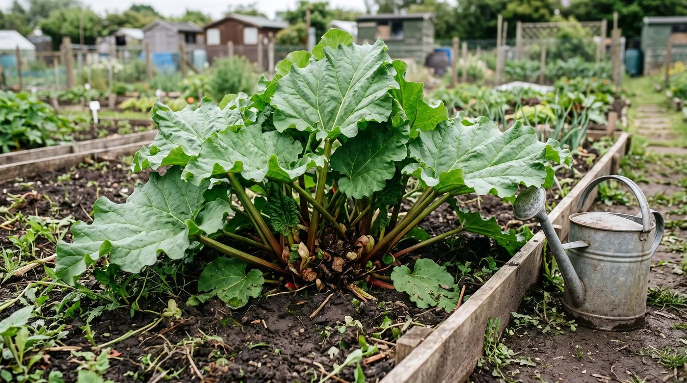 Mature rhubarb clump with full green leaves left uncut in a north Staffordshire allotment bed in late June