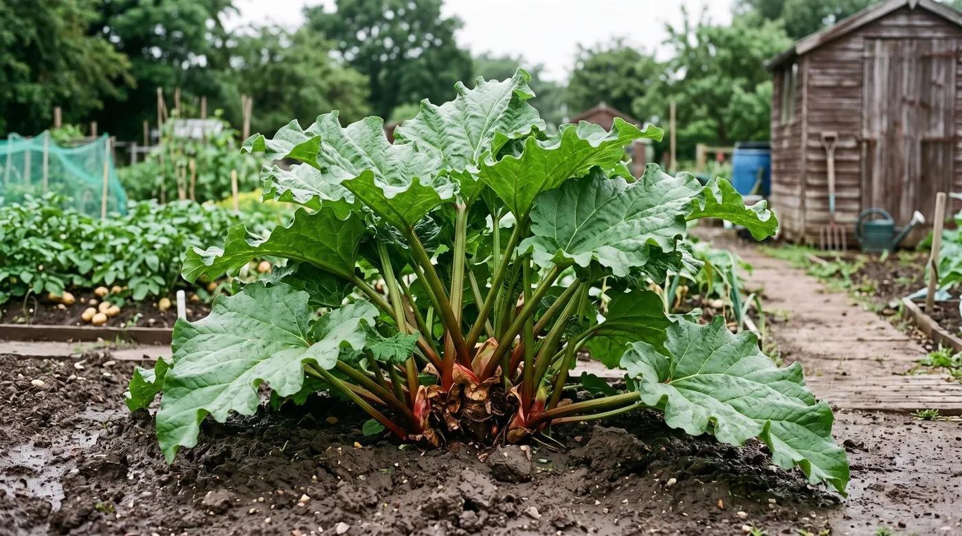 Established rhubarb crown with large green leaves left standing in a Staffordshire allotment in late June