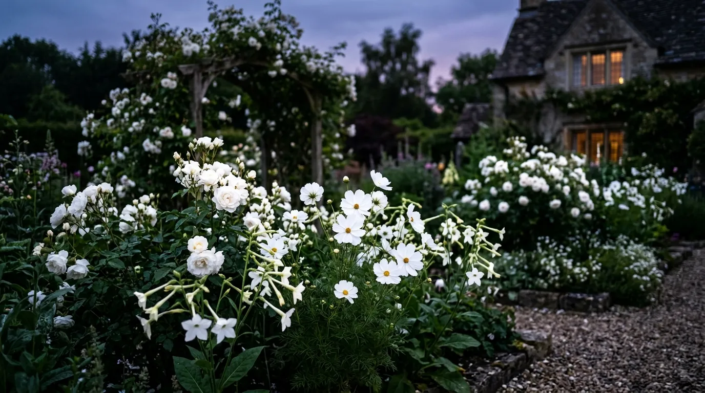 A white flower moon garden glowing in the evening light