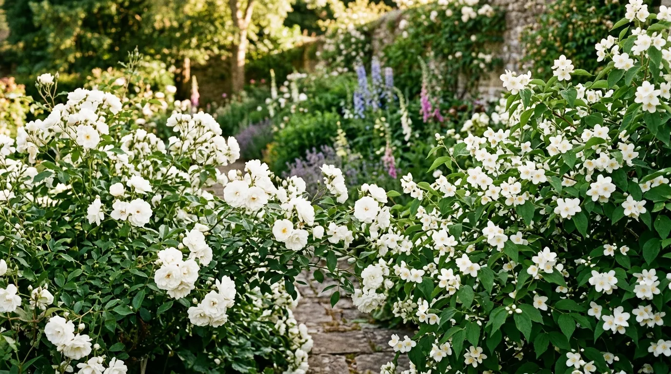 White roses and philadelphus flowers blooming in a UK summer garden