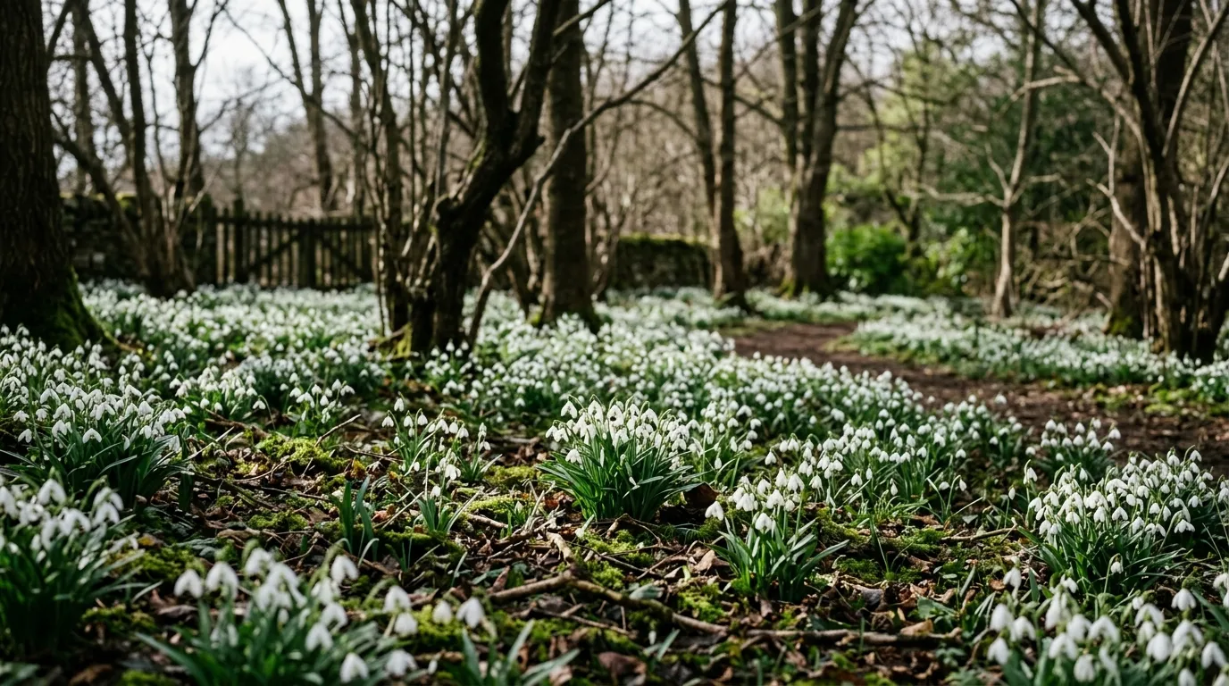 White snowdrops flowering in early spring in a UK woodland garden