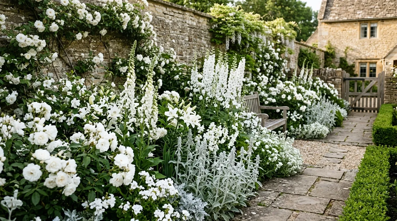 Best white flowers for UK gardens showing a lush mixed border with white roses, Philadelphus, and foxgloves in a cottage garden setting