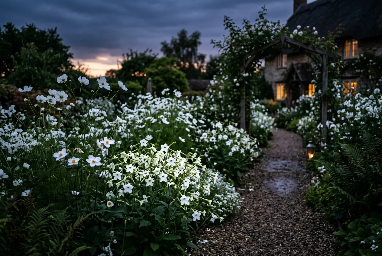 White garden moonlight evening with white flowers glowing at dusk in a UK garden