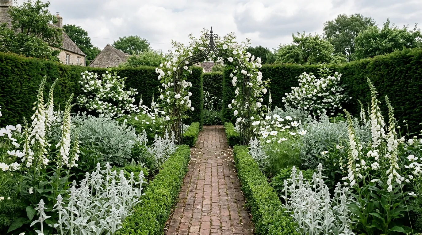 White garden planting scheme in a UK cottage garden showing white roses, foxgloves, and silver foliage in a formal bordered enclosure