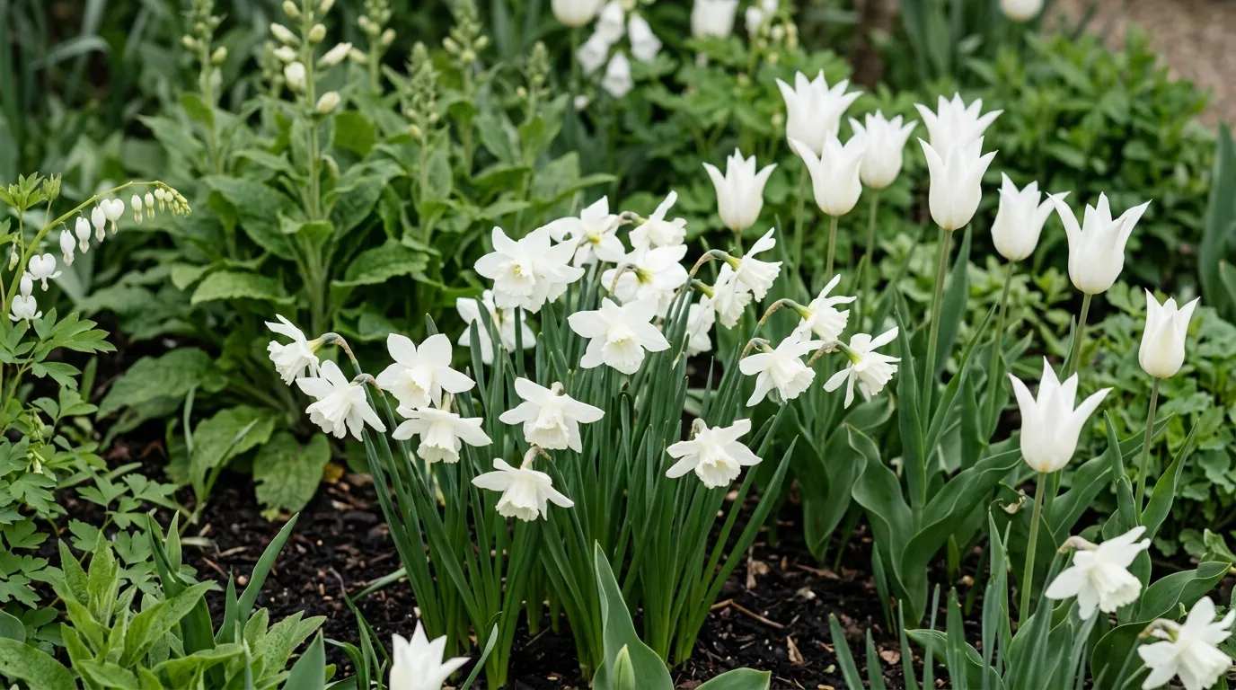 White spring bulbs and blossom in a UK garden border showing Narcissus Thalia with white tulips and emerging foxglove foliage