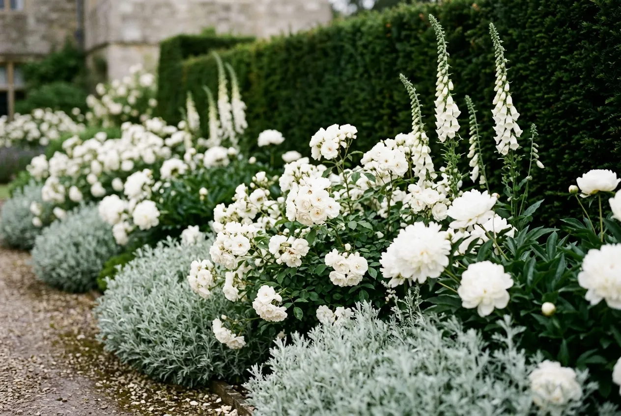 White garden summer roses and peonies with silver foliage in a UK border