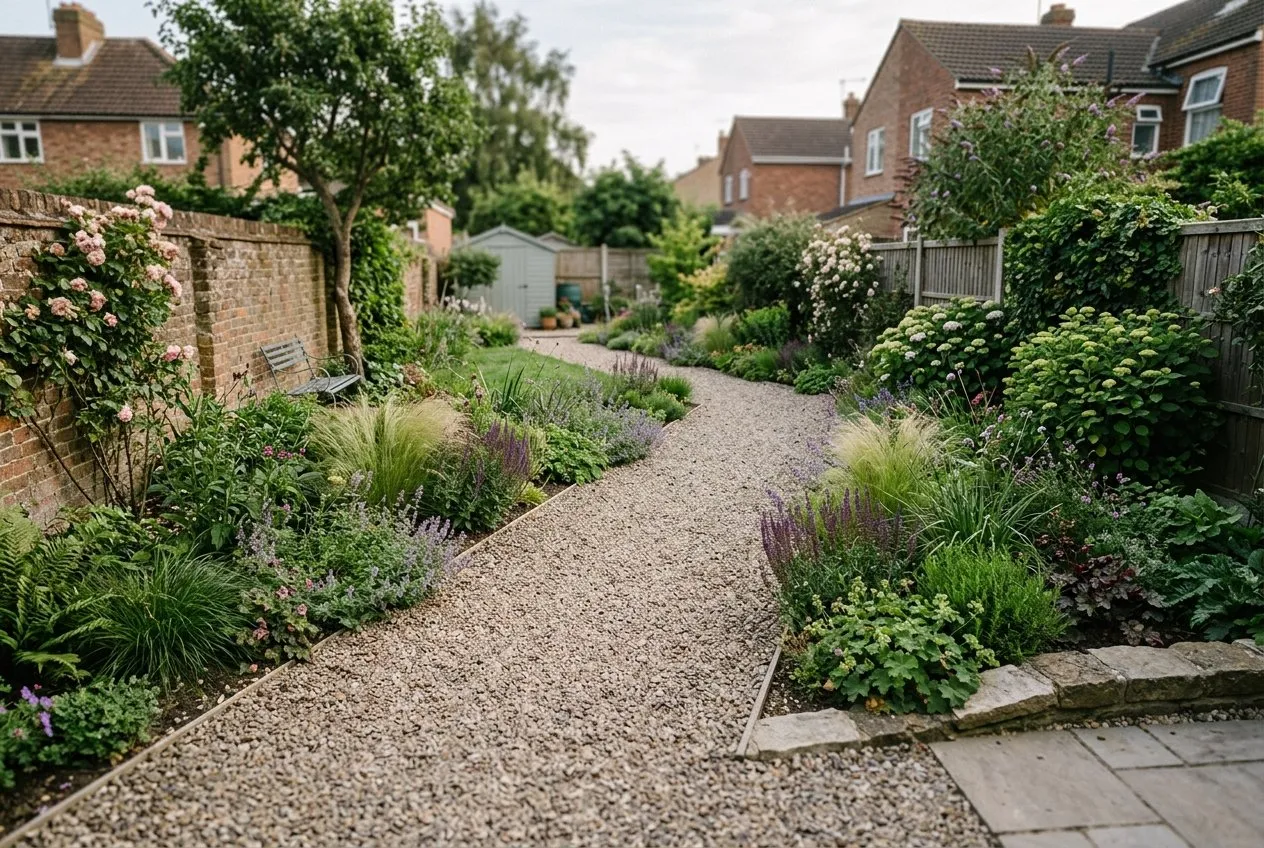 A 45-degree diagonal gravel path crossing a wide shallow UK garden from a back corner toward the opposite front corner, lengthening the sight line