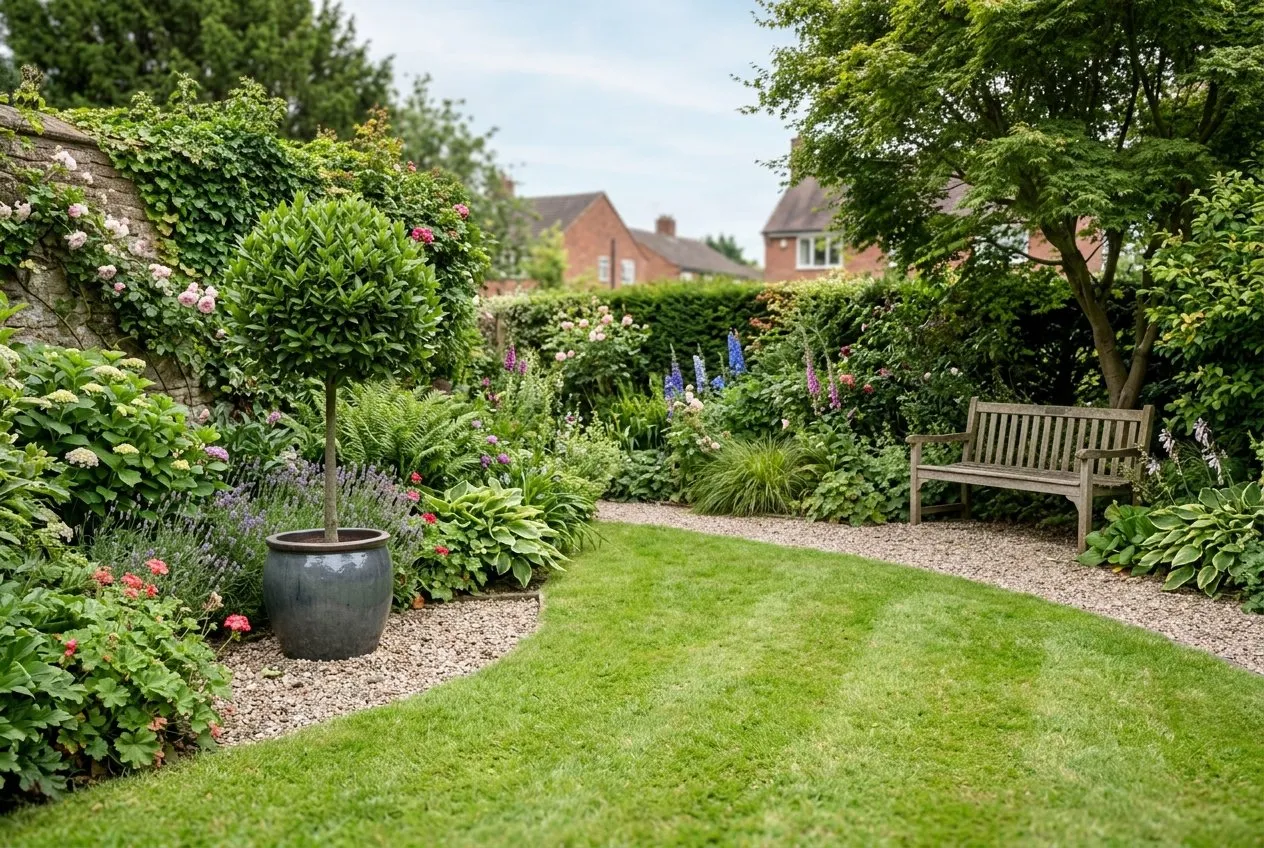 A wide UK garden with a clipped bay in a glazed pot set off-centre in one corner and a small bench in the opposite corner, drawing the eye sideways