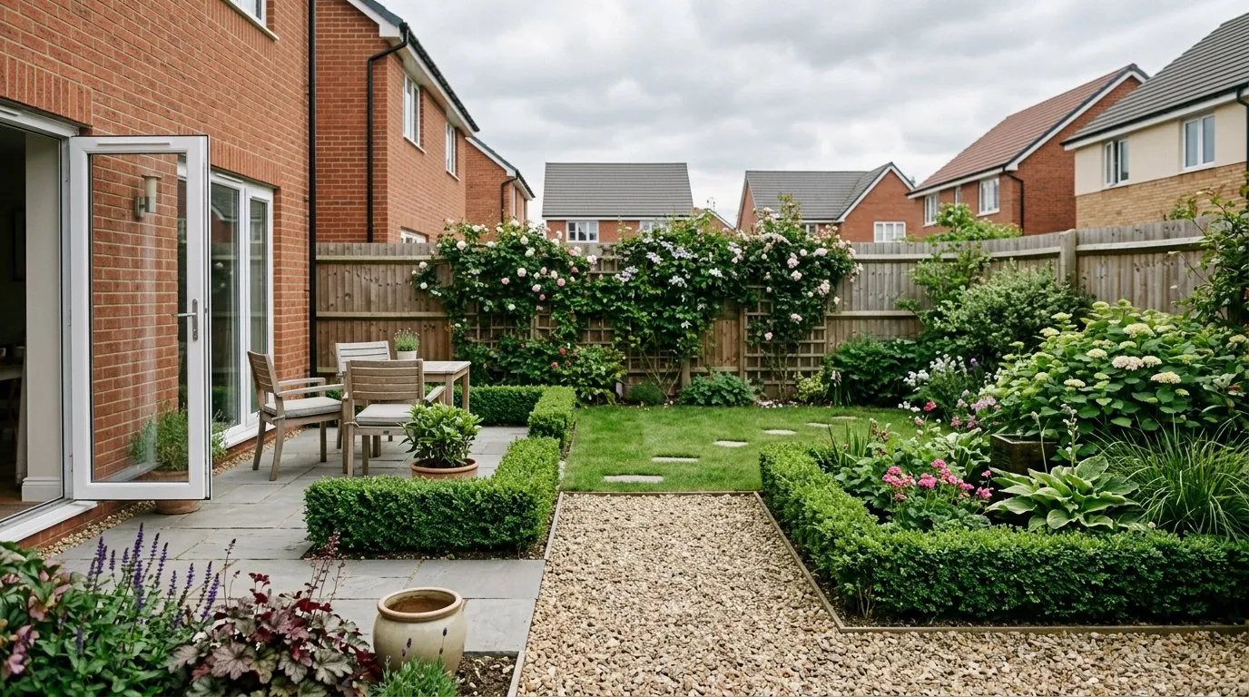 A wide shallow rear garden behind a UK new-build house, broad from side to side with a short distance front to back, divided into planted zones with a screened boundary fence