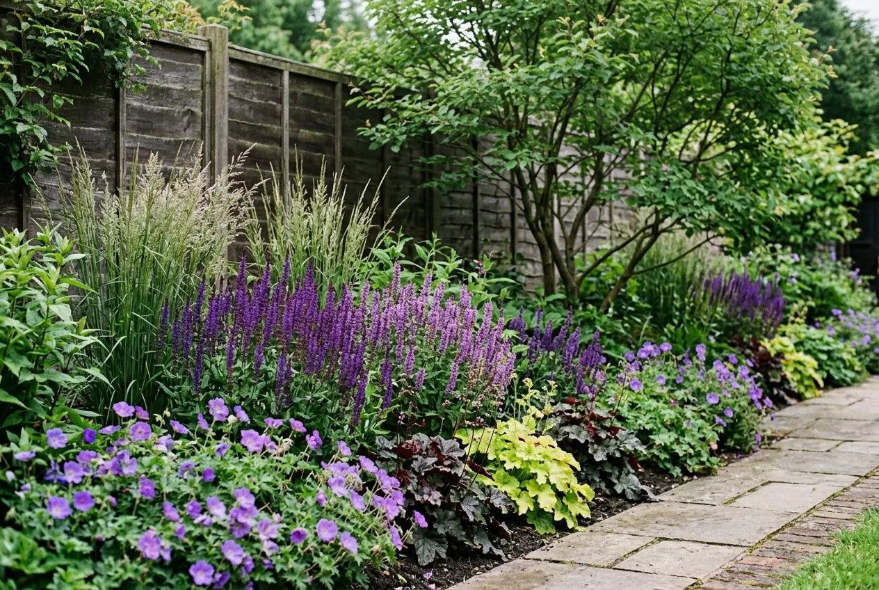 A layered border in a UK garden against a back fence with low hardy geraniums at the front, mid-height salvias and grasses, and tall amelanchier behind