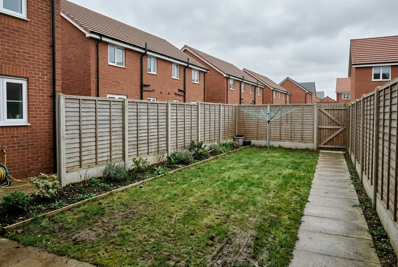 A wide shallow rear garden behind a UK new-build house with one straight border and a strip of lawn, looking flat and corridor-like before redesign