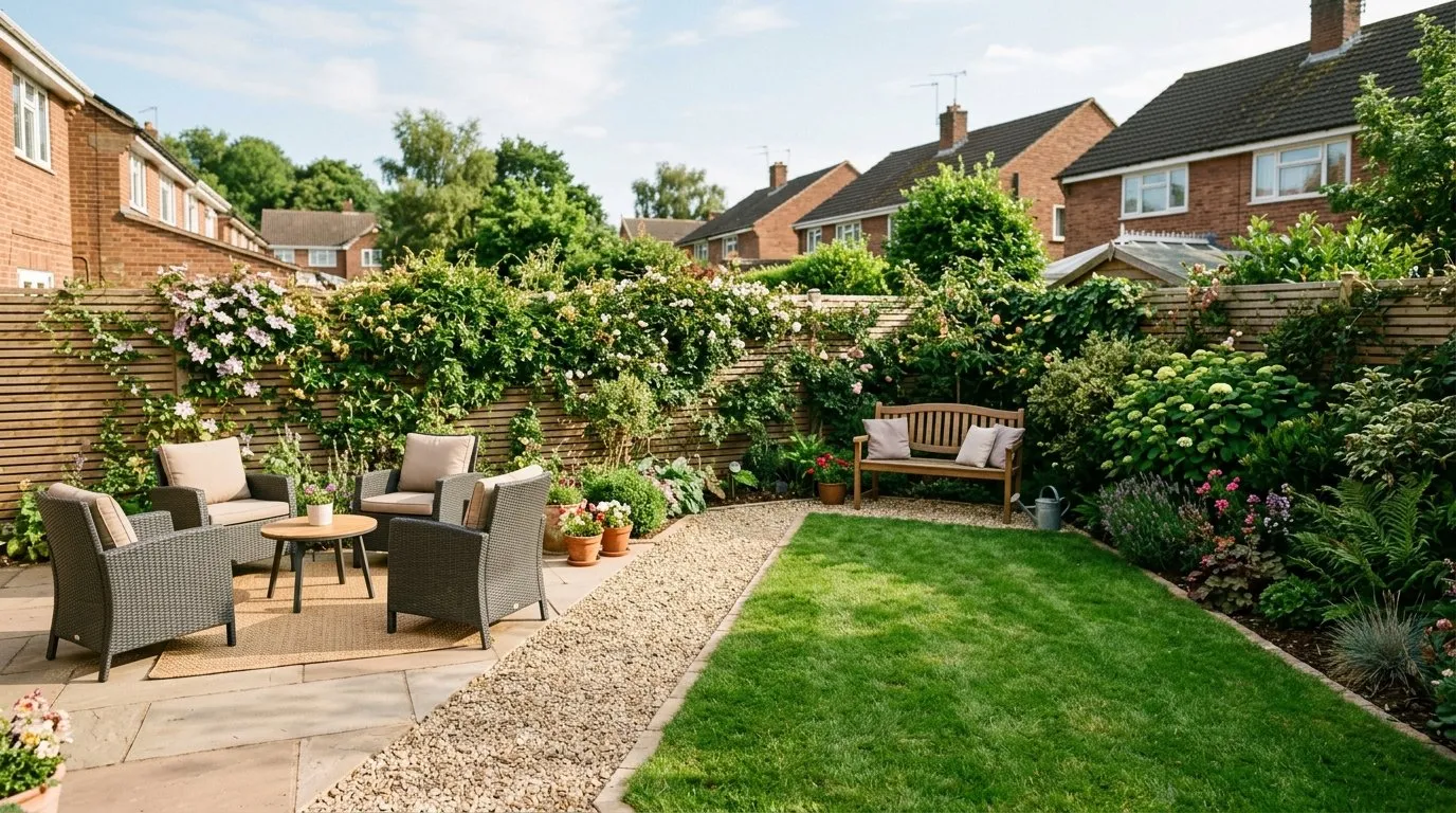 A completed wide shallow garden makeover seen across its full width, with a paved sitting square, a diagonal gravel path, a small lawn and bench, and a shrub corner against a screened fence