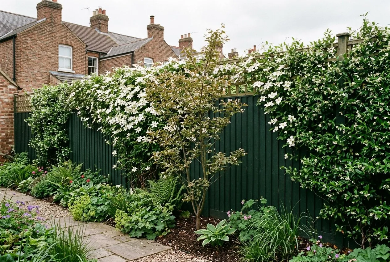 A full-width UK garden fence screened with trellis and mixed climbers including clematis and evergreen jasmine, broken by a multi-stem tree planted forward of the panels