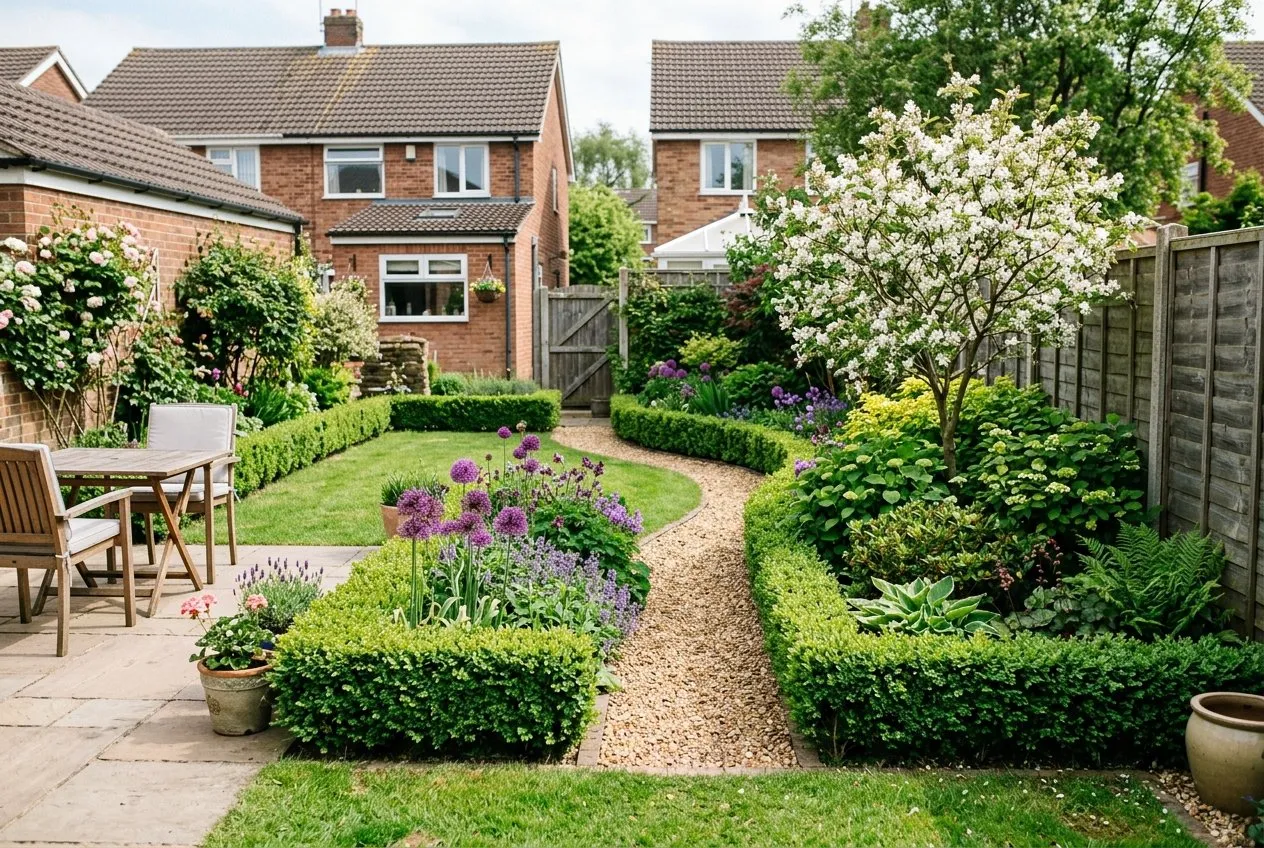 A wide UK garden divided into three planted zones, a paved sitting square, a gravel and grass middle and a shrub corner, separated by low box hedging