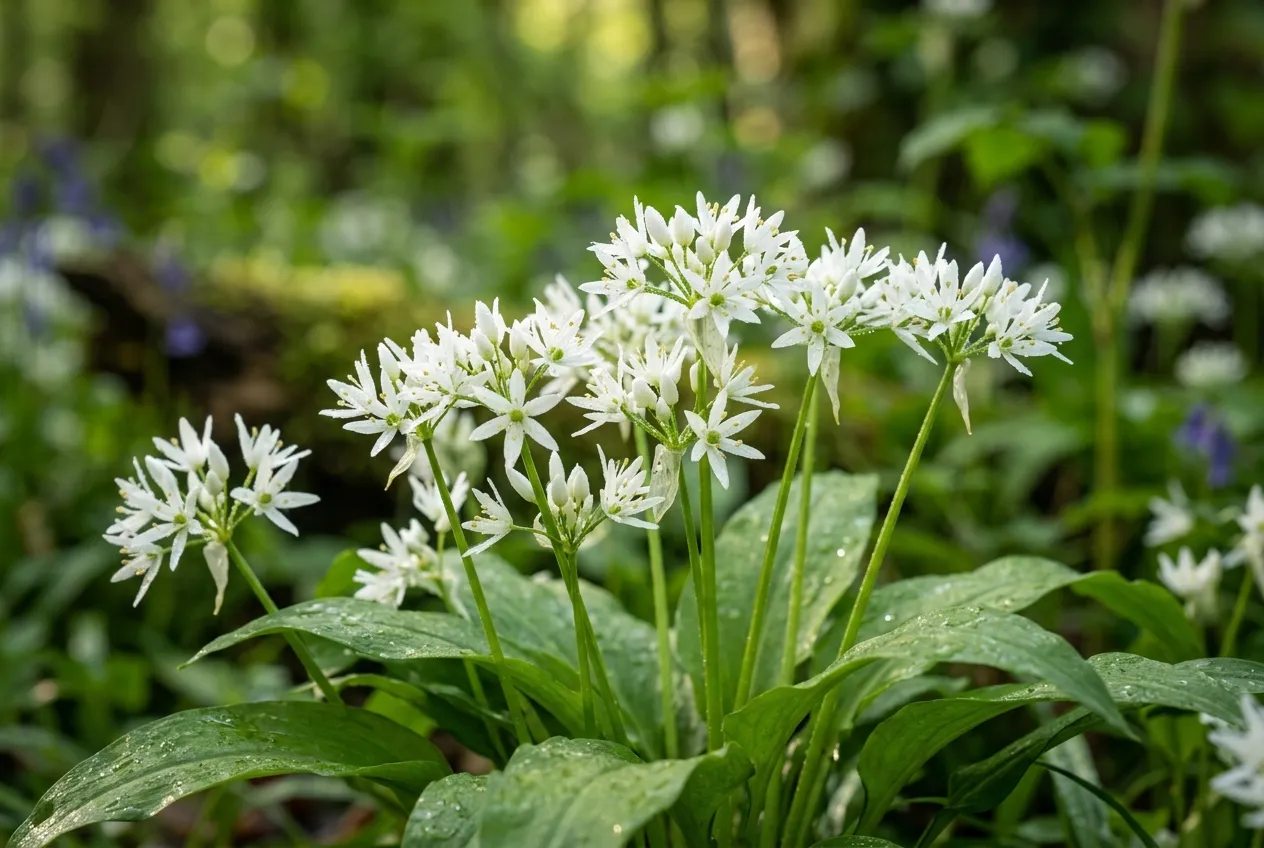 Close-up of wild garlic flower heads with white star-shaped petals on green stems in a UK woodland