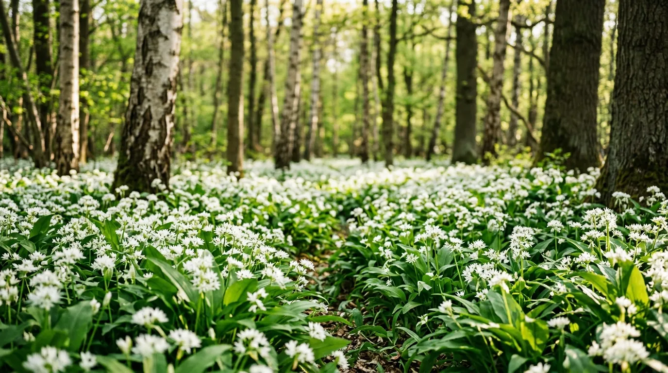 Wild garlic growing in a UK woodland with white star-shaped flowers and broad green leaves in dappled spring light