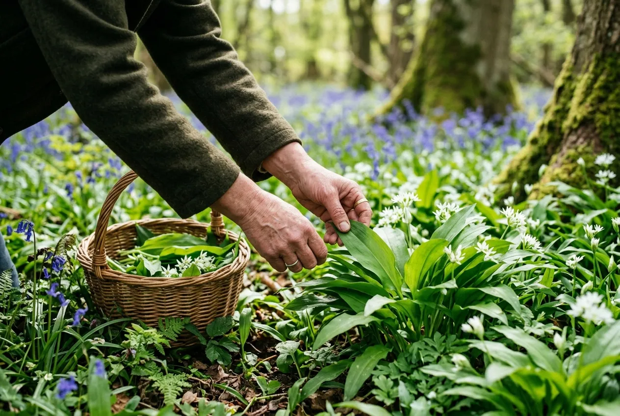 Hands picking wild garlic leaves in a UK woodland with a wicker basket on the forest floor