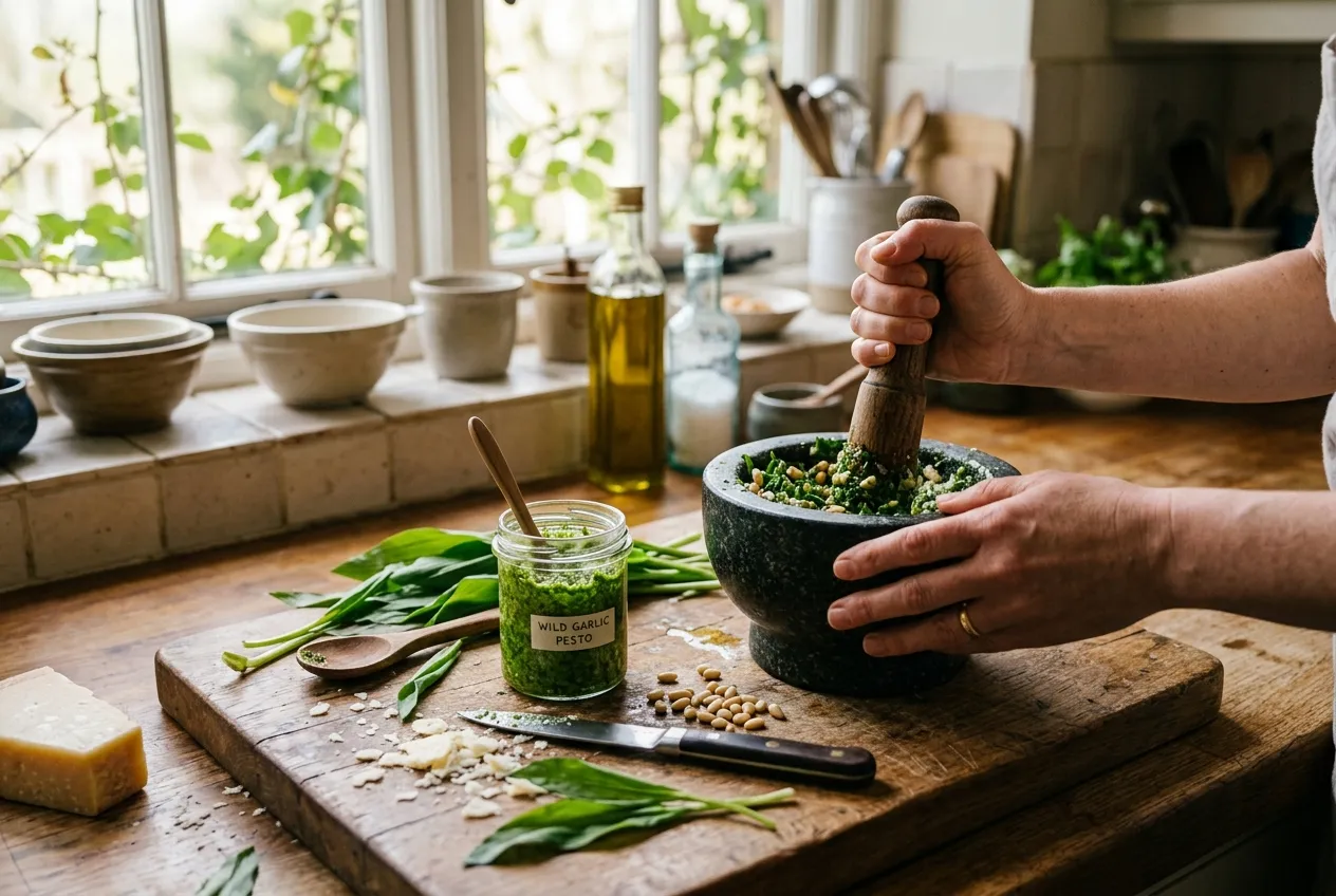 Wild garlic pesto being made in a kitchen with leaves in a mortar and a jar of green pesto