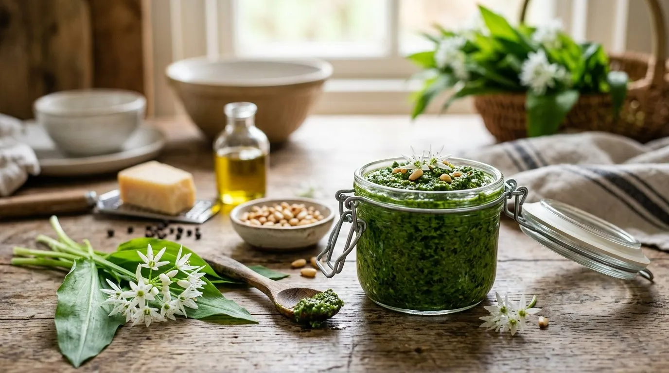 Jar of homemade UK wild garlic pesto with vibrant green colour, foraged wild garlic leaves and white star flowers nearby on a wooden kitchen worktop