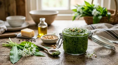 Jar of homemade UK wild garlic pesto with vibrant green colour, foraged wild garlic leaves and white star flowers nearby on a wooden kitchen worktop