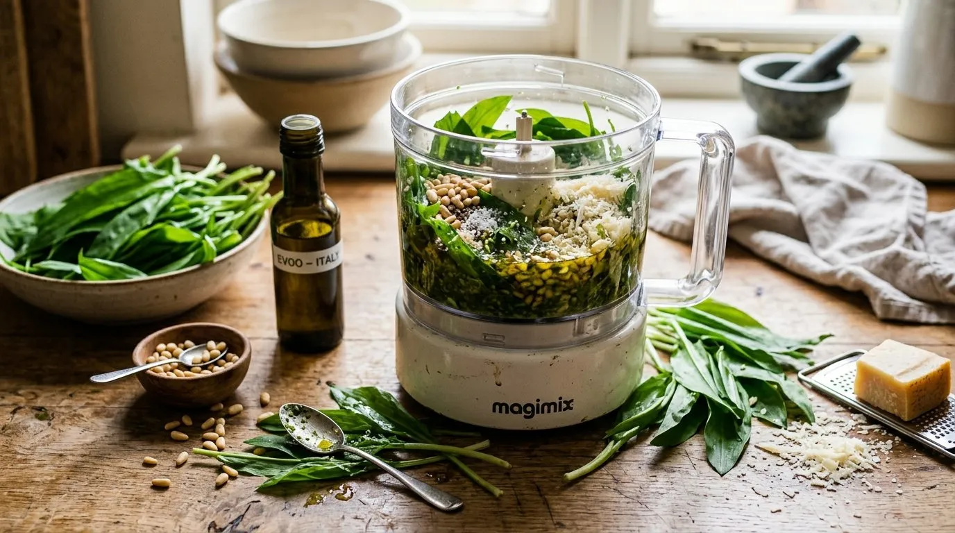 Foraged UK wild garlic leaves being processed in a food processor with pine nuts olive oil and parmesan for pesto