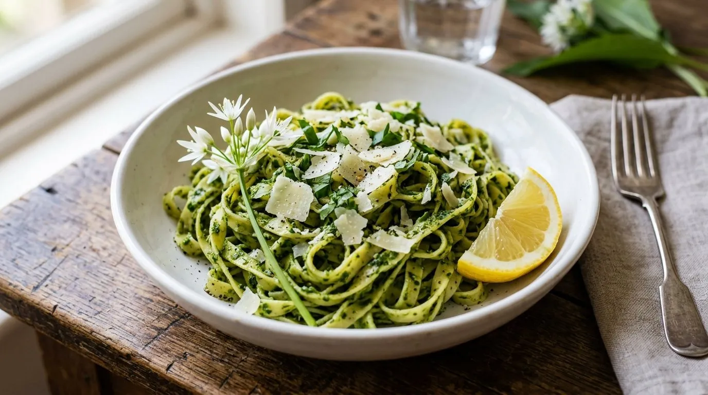 UK wild garlic pesto stirred through fresh tagliatelle pasta in a white bowl with shaved parmesan and a lemon wedge