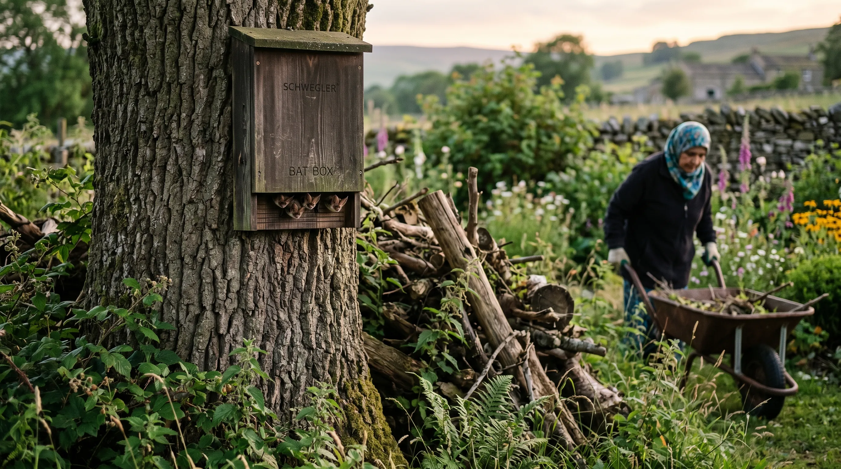 Schwegler cedar bat box mounted on an oak with brown long-eared bats and a Muslim woman gardener in background