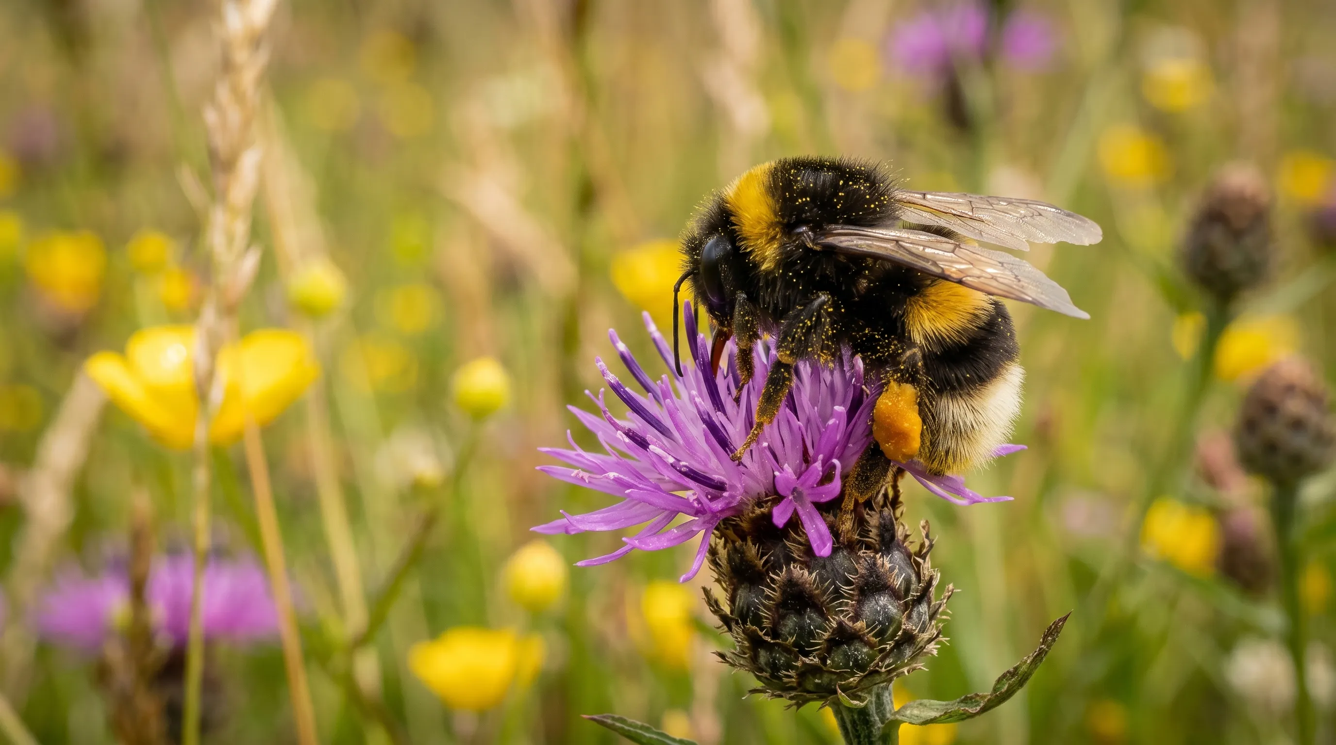 Buff-tailed bumblebee feeding on a purple knapweed flower in an East Anglian wild meadow garden