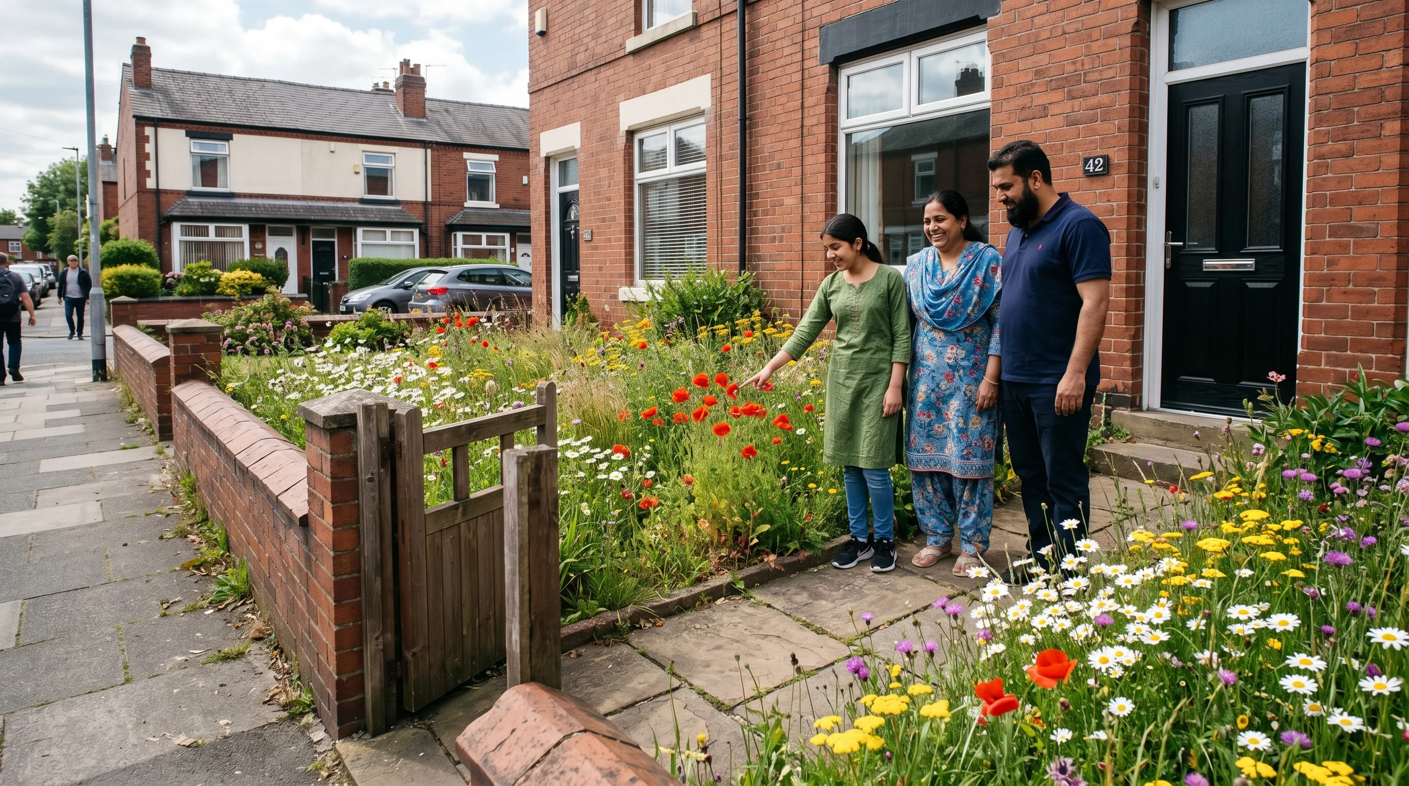 Front-garden mini-meadow with oxeye daisies poppies and yarrow in a Manchester housing estate