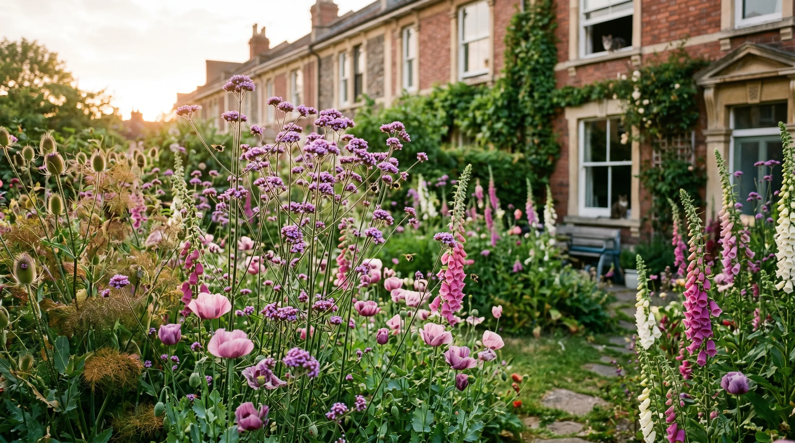 Wild overgrown perennial border with verbena bonariensis, foxgloves and opium poppies in a UK garden