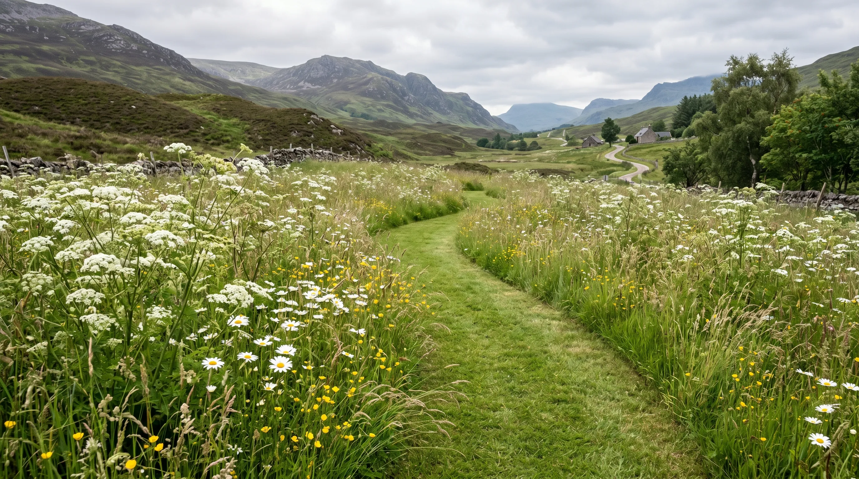 Curving mown grass path 800mm wide cutting through tall wild planting in a Scottish glen garden